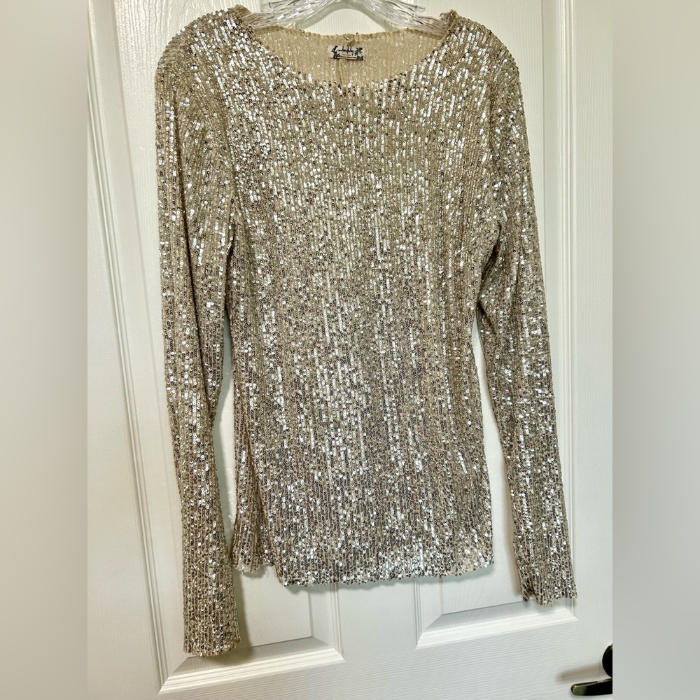 Intimately Free People Gold Rush champagne sequin long sleeve top shirt L